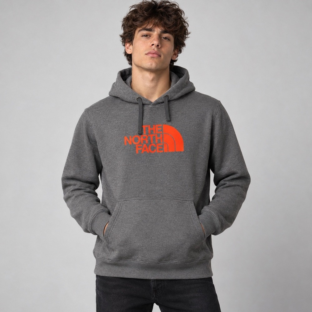 The North Face Hoodie Mens Medium Gray Orange Logo Pullover Hiking Outdoors Gym